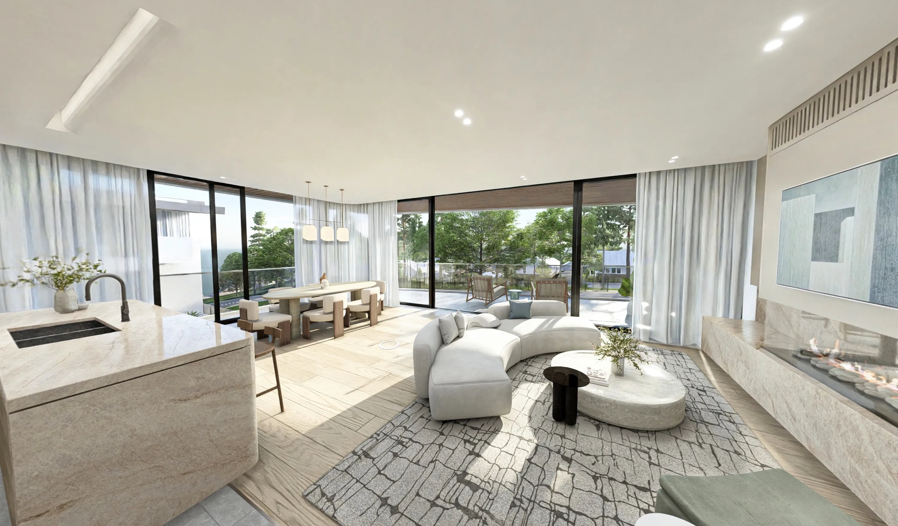 Photorealistic virtual walkthrough of an apartment on a display screen
